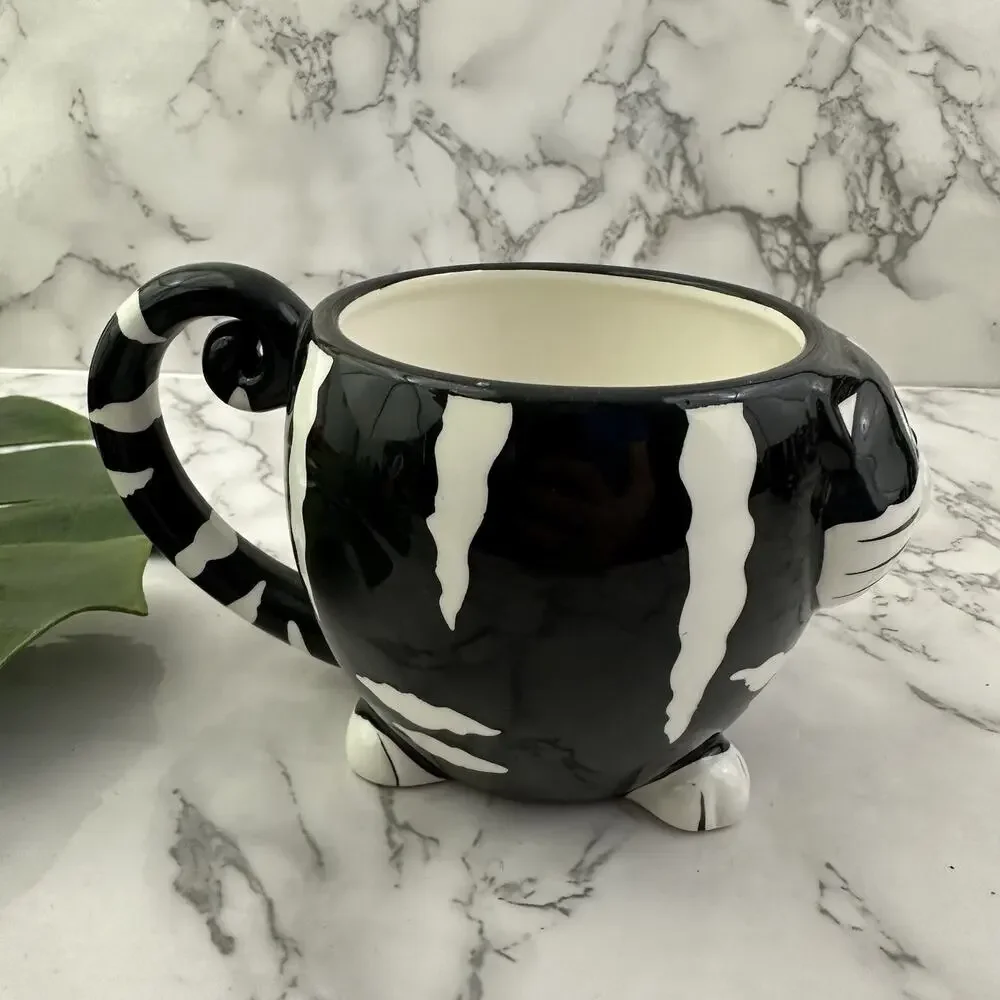 Pier 1 Vintage Y2k Chubby Cat Coffee Mug Black White 3d Kitten Striped Cup